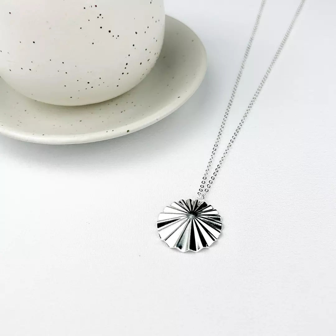 Long Necklace with Hammered Round Disc Pendant - Silver