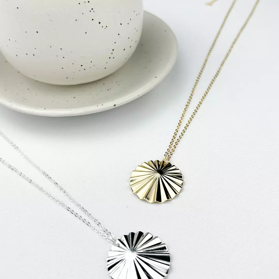 Long Necklace with Hammered Round Disc Pendant - Silver