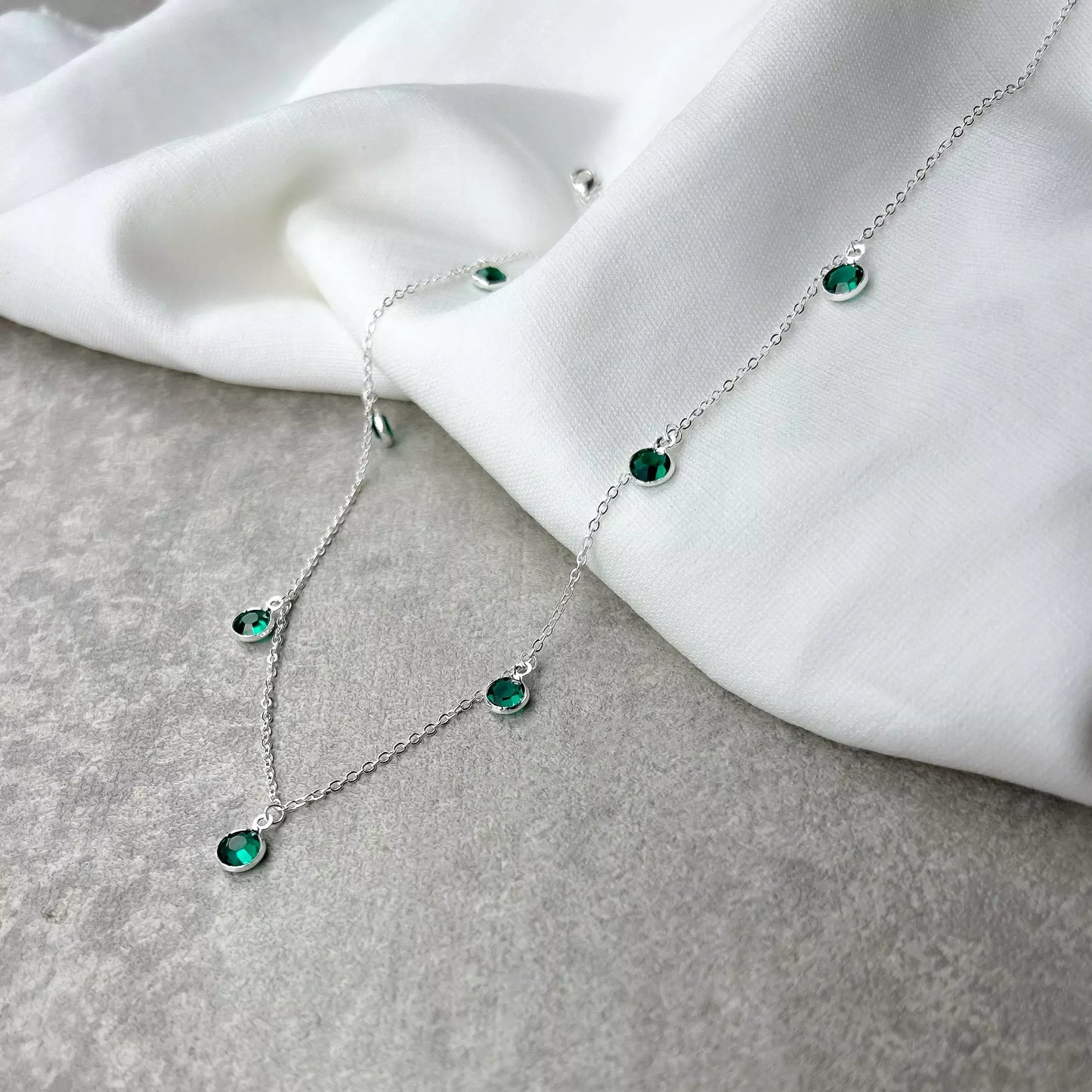 Short Necklace with Emerald Green Solitaire Pendants - Silver