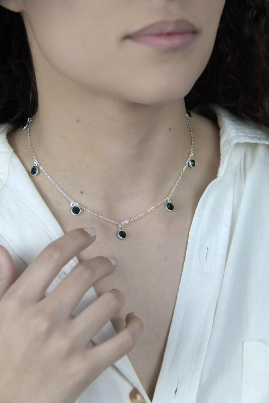 Short Necklace with Emerald Green Solitaire Pendants - Silver
