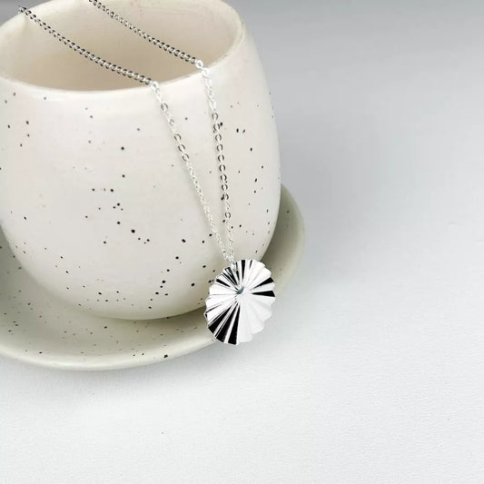 Long Necklace with Hammered Round Disc Pendant - Silver