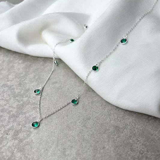 Short Necklace with Emerald Green Solitaire Pendants - Silver