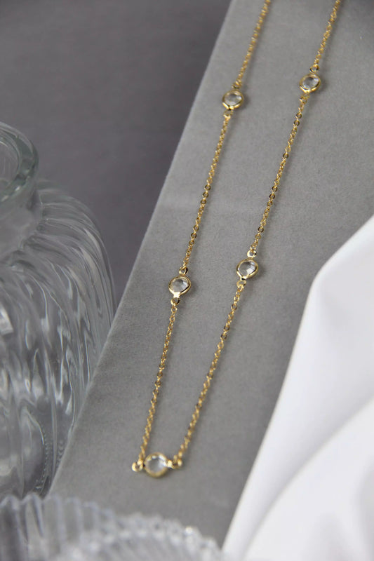 Long Necklace with Crystal Solitaire Pendants - Gold